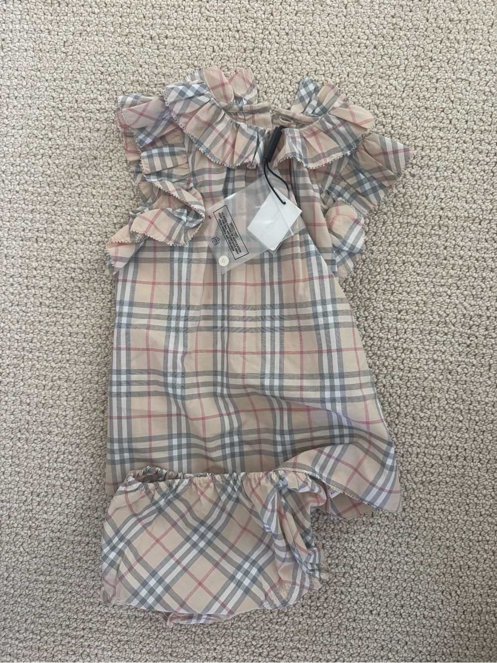 Burberry Beige Plaid Ruffle Neck Baby Set